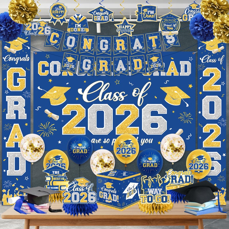 YTGUVBK Graduation Decorations Class of 2026 Blue and Gold Graduation Decorations with Congrats Grad Banner,Backdrop,Porch Sign,Balloons,Hanging Swirls,Honeycomb Centerpieces,Box for Graduation Party Supplies - Image 3
