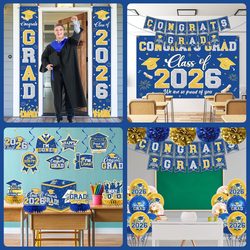 YTGUVBK Graduation Decorations Class of 2026 Blue and Gold Graduation Decorations with Congrats Grad Banner,Backdrop,Porch Sign,Balloons,Hanging Swirls,Honeycomb Centerpieces,Box for Graduation Party Supplies - Image 4