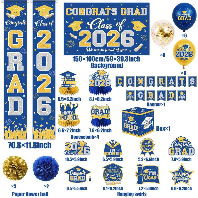 YTGUVBK Graduation Decorations Class of 2026 Blue and Gold Graduation Decorations with Congrats Grad Banner,Backdrop,Porch Sign,Balloons,Hanging Swirls,Honeycomb Centerpieces,Box for Graduation Party Supplies - Image 5