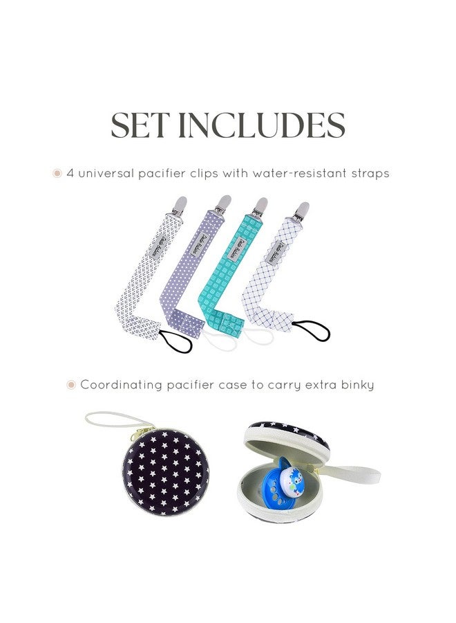 Dodo Babies Pacifier Clip Set - Four Clips Plus Binky Case - Universal Holder Fits Most Paci Brands, Teether Toys and Car Seats - Blue and Teal Prints for Girls or Boys - Pacifier Holder - Image 2
