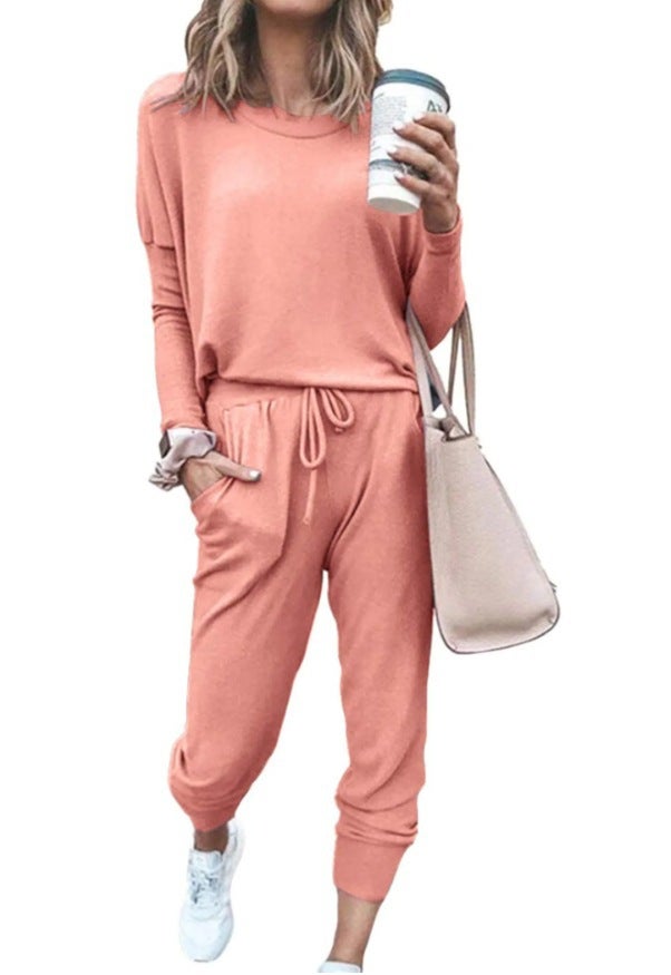 2024 Amazon Autumn New Independent European and American Cross-border Shrimp Womens Home Solid Color Casual Fashion Pink