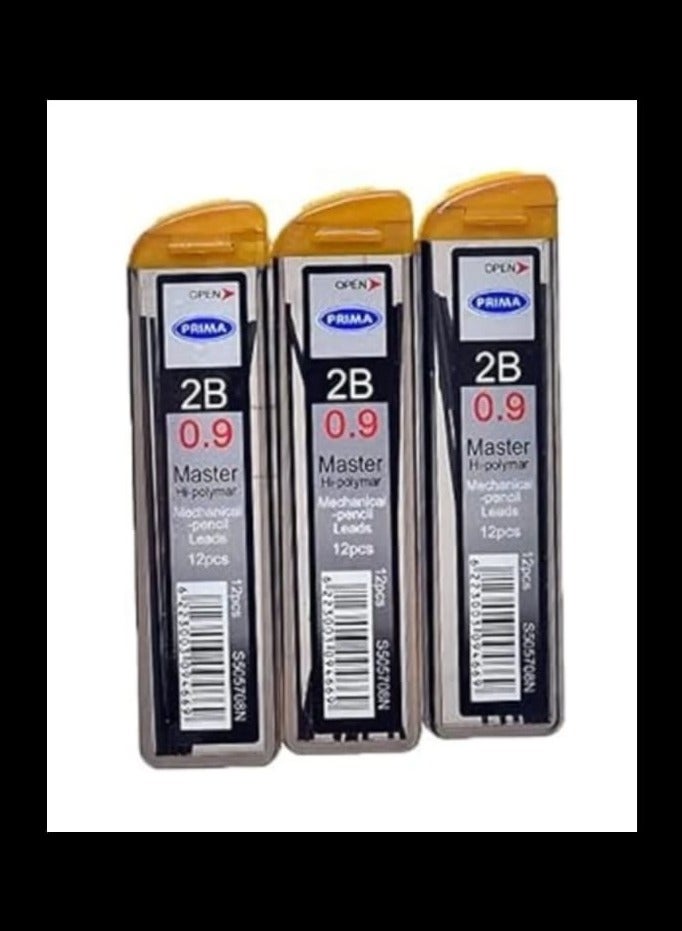 بريما سنون بريما 0.9 ملم مجموعة - من 3 عبوات لأقلام الرصاص الميكانيكية 2B - أسود