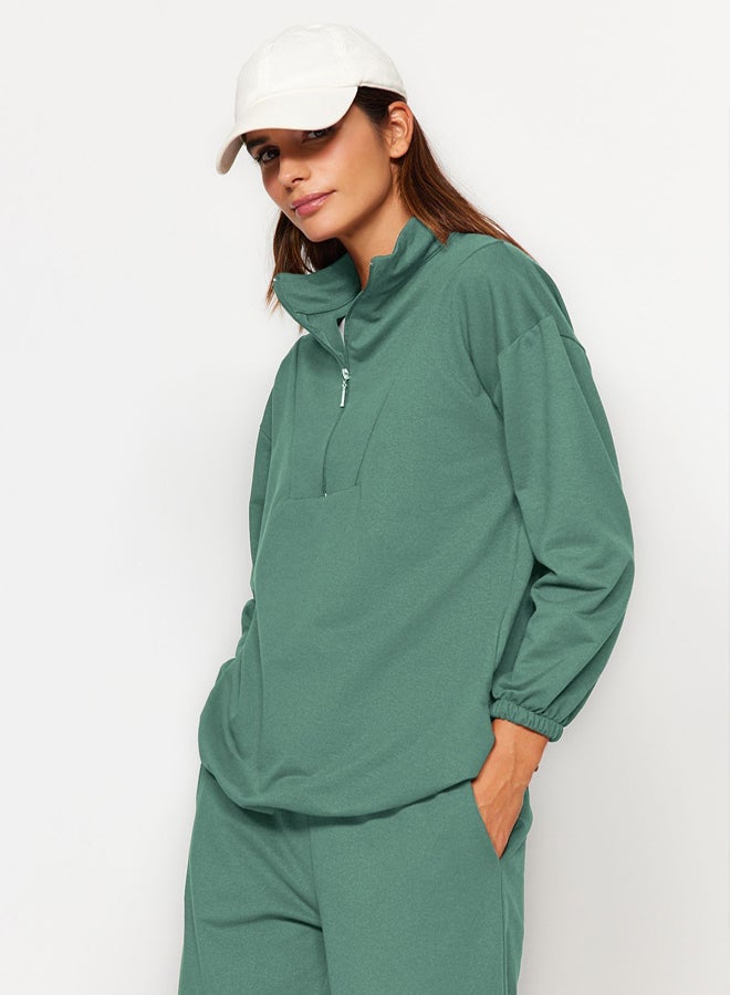 trendyol Khaki Zippered Stand Collar Gathered Hem Knitted Tracksuit - Image 3