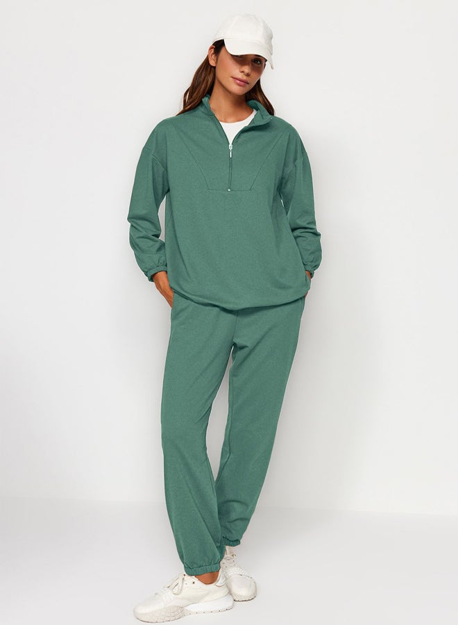 trendyol Khaki Zippered Stand Collar Gathered Hem Knitted Tracksuit - Image 1