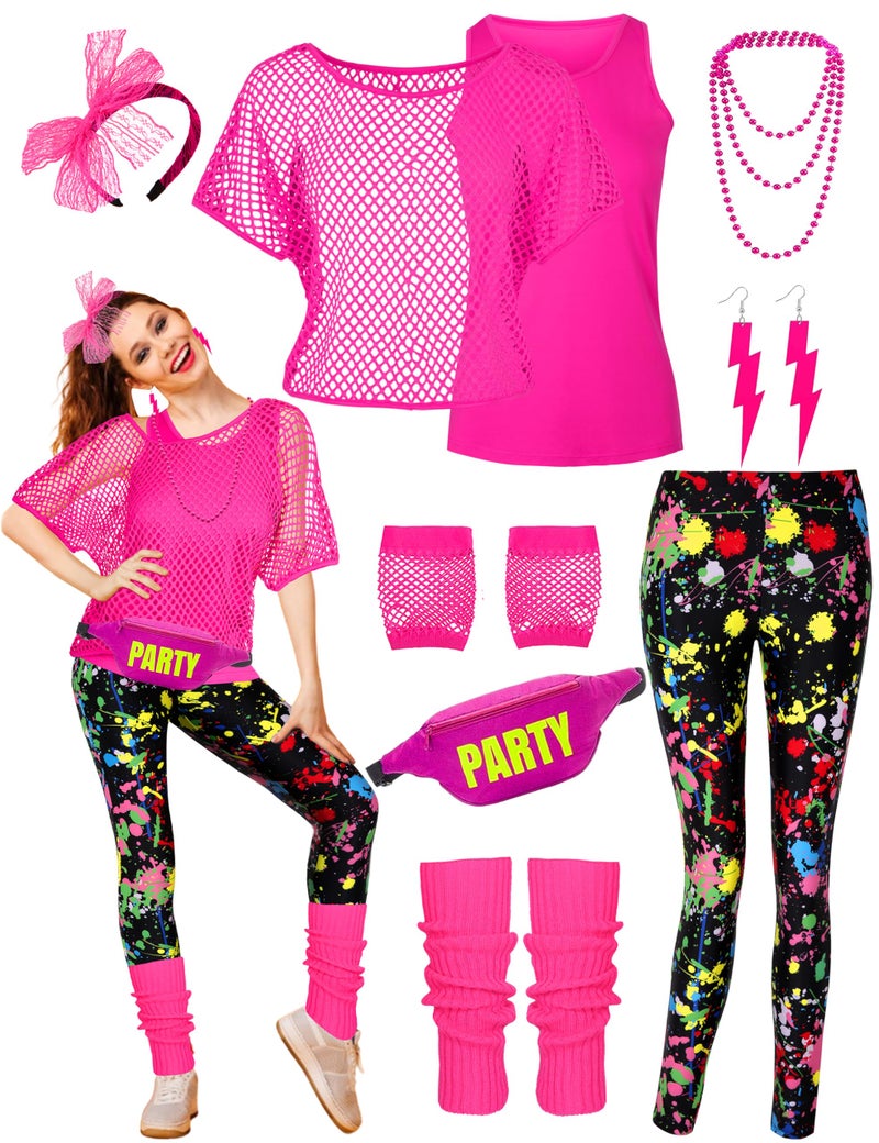 CICOCI 80s 90s Outfit For Women Neno Party Fishnet Top1980s Costume with 80s Accessories Set Retro Party Leg Warmers Headband Pink - Image 1