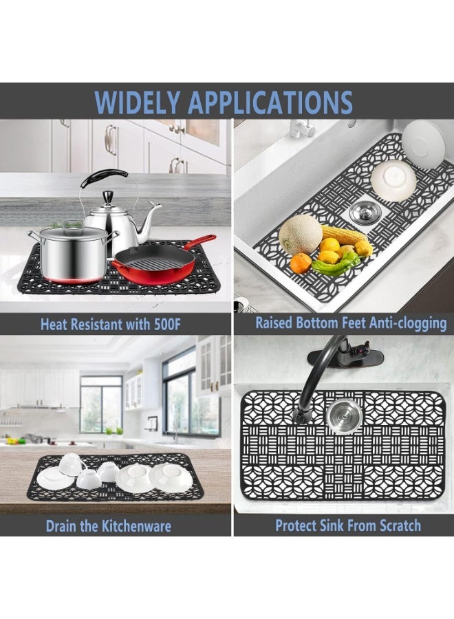 موثوقية التنبؤ السيليكون مطبخ حوض حصيرة حامي - 26 "x13.78" غير انزلاق، قطع لتناسب، مع ثقوب الصرف القطع، مناسبة للمنزل الزراعي، الفولاذ المقاوم للصدأ، حوض الخزف - الأسود - Image 5