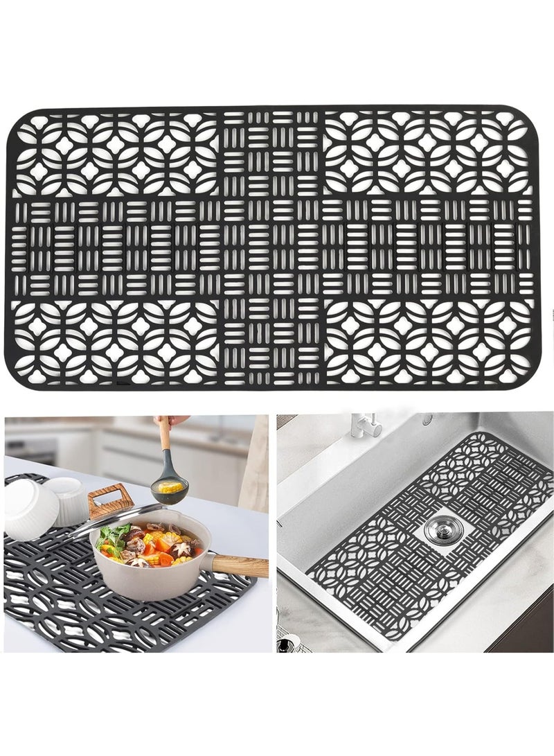 موثوقية التنبؤ السيليكون مطبخ حوض حصيرة حامي - 26 "x13.78" غير انزلاق، قطع لتناسب، مع ثقوب الصرف القطع، مناسبة للمنزل الزراعي، الفولاذ المقاوم للصدأ، حوض الخزف - الأسود - Image 1