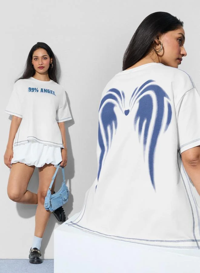 The Souled Store White Printed Oversized Cotton T-Shirt