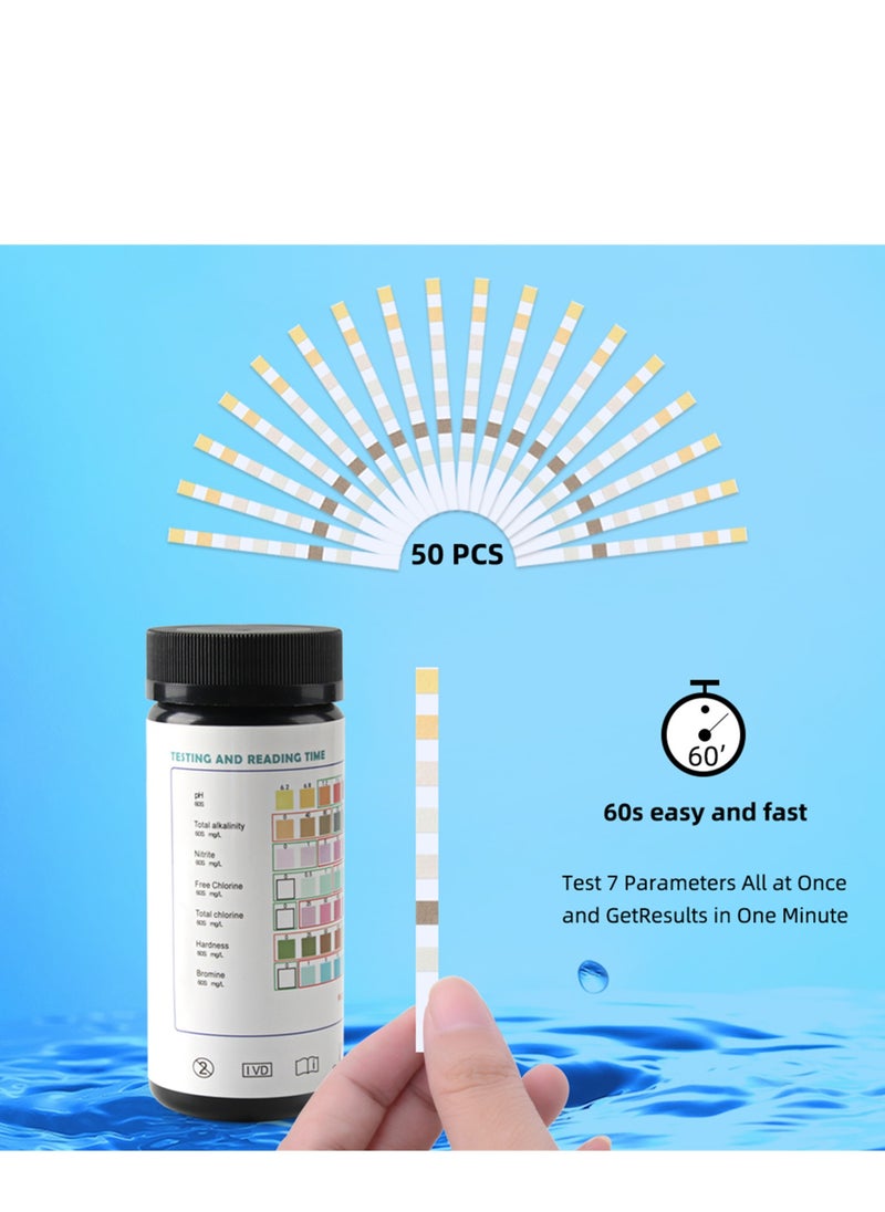 7-in-1 Test Strips Spa and Pool Test Strips Tester Testing Kit for Total Hardness/Total Chlorine/Free Chlorine/Bromine/pH/Total Alkalinity/Nitrite 50ct