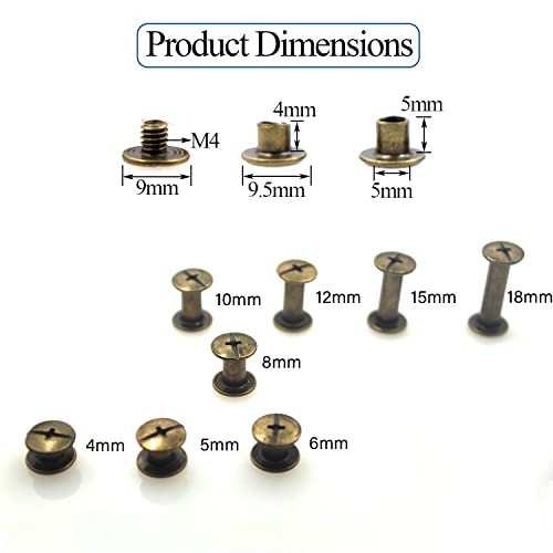 Alloygold Chicago Screws Assorted Kit 110 Sets 8 Sizes of Round Head Stud Leather Screws Chicago Rivets for DIY Leather Decoration Bookbinding (M5*4,5,6,8,10,12,15,18)（Bronze） - Image 4