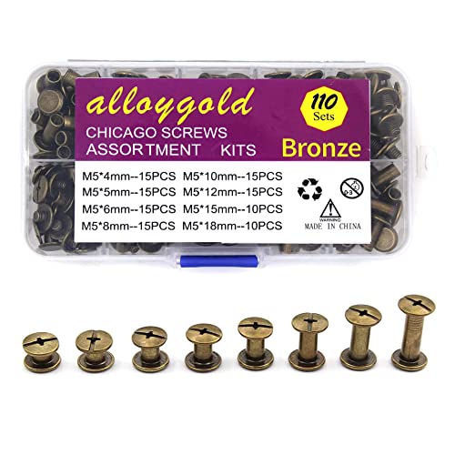 Alloygold Chicago Screws Assorted Kit 110 Sets 8 Sizes of Round Head Stud Leather Screws Chicago Rivets for DIY Leather Decoration Bookbinding (M5*4,5,6,8,10,12,15,18)（Bronze） - Image 1