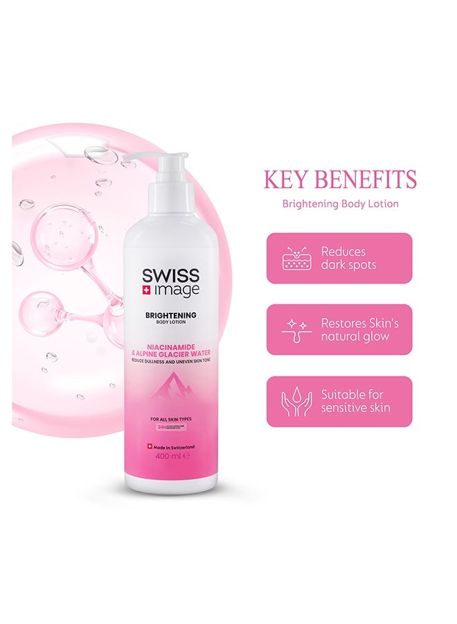 Swiss Image Brightening Body Lotion 400ml | Niacinamide, Centella Asiatica, WhiteTen, Glycerin, Panthenol & Alpine Glacier Water | Evens Tone, Brightens, Glow & Non-Greasy | All Skin | For Men & Women - Image 4