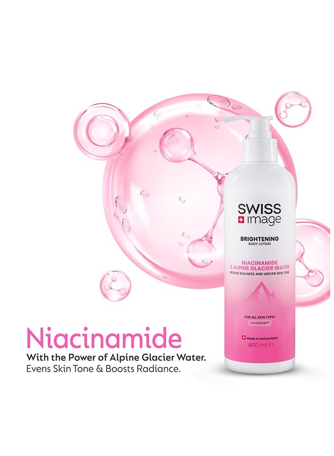 Swiss Image Brightening Body Lotion 400ml | Niacinamide, Centella Asiatica, WhiteTen, Glycerin, Panthenol & Alpine Glacier Water | Evens Tone, Brightens, Glow & Non-Greasy | All Skin | For Men & Women - Image 3