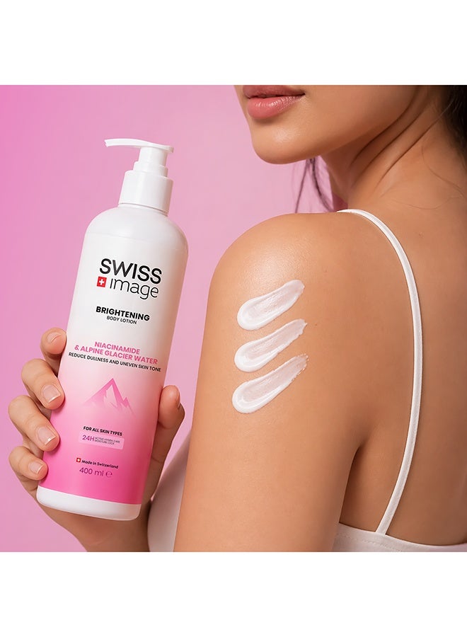 Swiss Image Brightening Body Lotion 400ml | Niacinamide, Centella Asiatica, WhiteTen, Glycerin, Panthenol & Alpine Glacier Water | Evens Tone, Brightens, Glow & Non-Greasy | All Skin | For Men & Women - Image 5