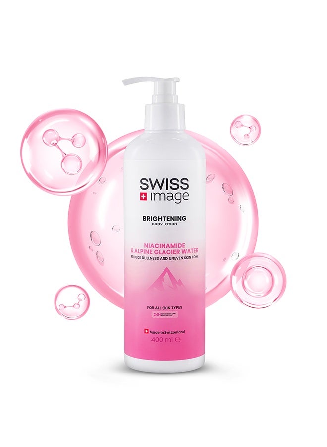 Swiss Image Brightening Body Lotion 400ml | Niacinamide, Centella Asiatica, WhiteTen, Glycerin, Panthenol & Alpine Glacier Water | Evens Tone, Brightens, Glow & Non-Greasy | All Skin | For Men & Women - Image 2