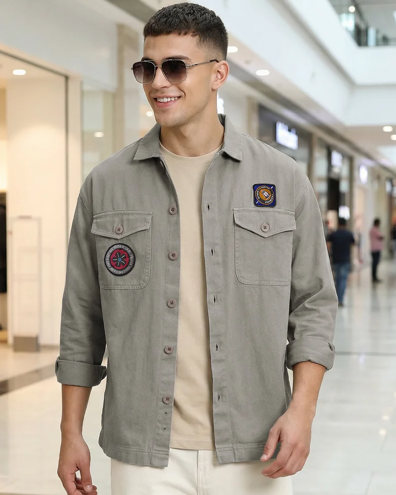 بيواكوف Men's Sage Green Badge Printed Oversized Shacket