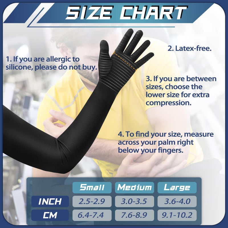 Zuscot Copper Long Compression Arthritis Gloves for Women Men, Full Finger Hand Compression Gloves with Touchscreen Tip, Full Arm Pressuse Support Sleeves for Carpal Tunnel, Lymphedema, Trigger Finger - Image 2