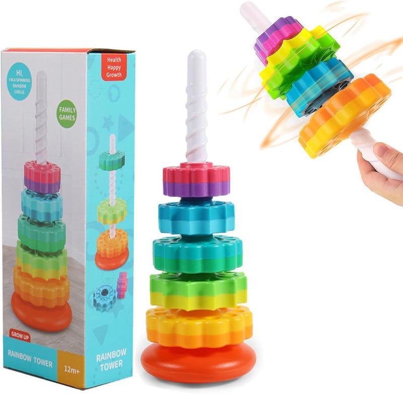 ROSTON Spinning Tower Stacking Toy, Rainbow Educational Rings, Montessori Sensory Learning Toy for Toddlers 1-3 Years - Image 1
