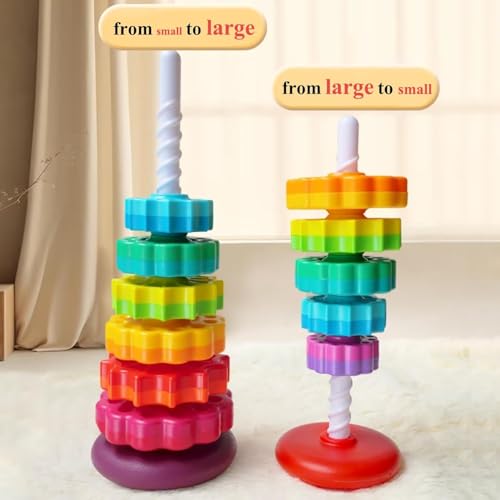 ROSTON Spinning Tower Stacking Toy, Rainbow Educational Rings, Montessori Sensory Learning Toy for Toddlers 1-3 Years - Image 4