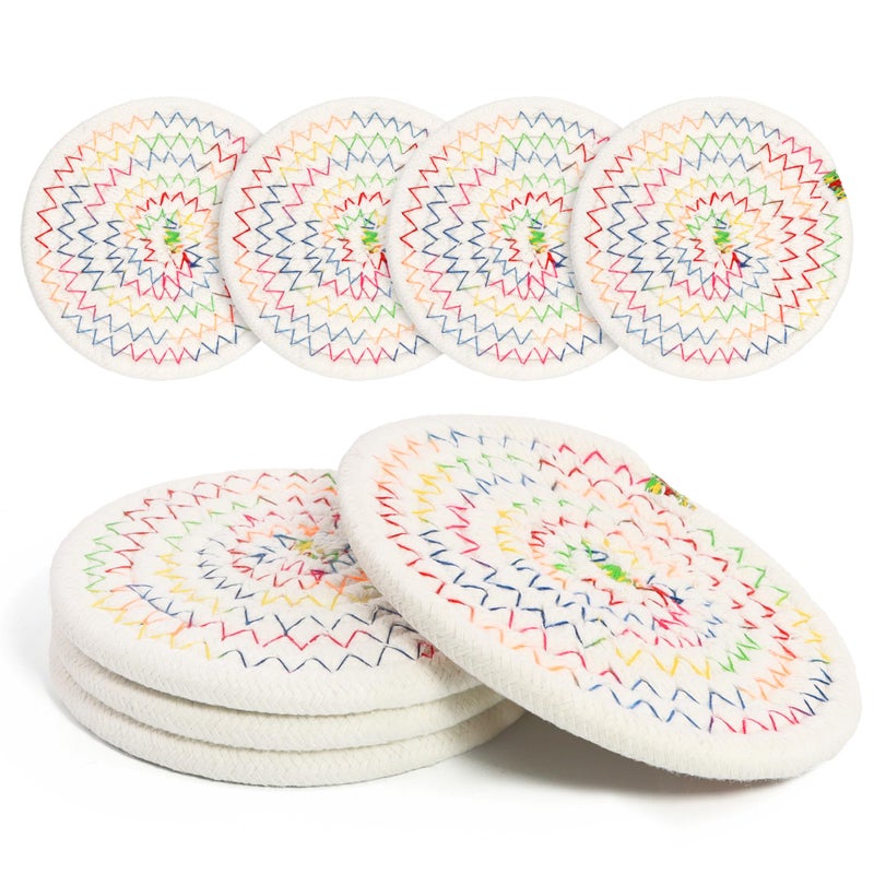 krastmon Coasters Set of 4 for Drinks, Cotton Woven 4 Colors Absorbent Boho Coasters for Home Decor Cups - Hot or Cold Drink Thickened (Rainbow) - Image 1