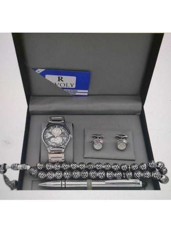 مجموعة هدايا طقم ساعة رجالية من 4 قطع (ساعة يد مع قلم ومجموعة من الأزرار والمسبحة)