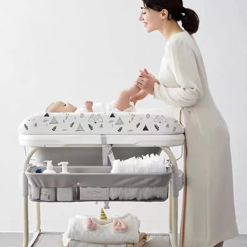 PandaEar 2-in-1 Baby Bathtub & Changing Table, Adjustable Height Folding Diaper Station Waterproof Pad with Storage Rack & Wheels, Baby Bath Tub with Thermometer - Image 2