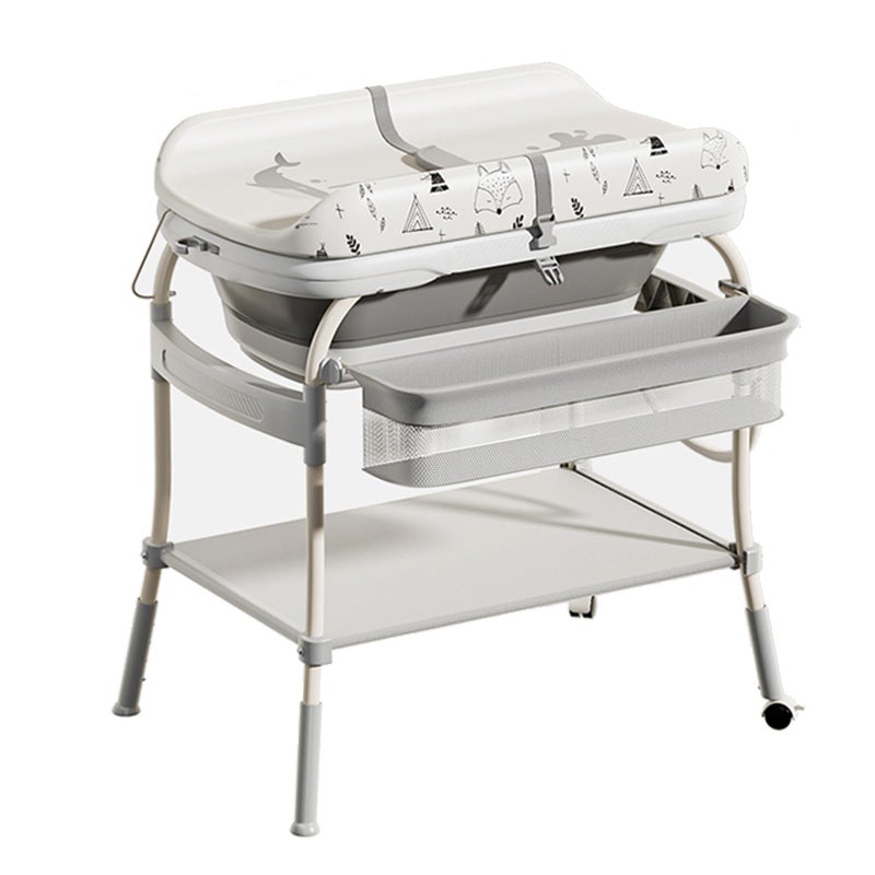 PandaEar 2-in-1 Baby Bathtub & Changing Table, Adjustable Height Folding Diaper Station Waterproof Pad with Storage Rack & Wheels, Baby Bath Tub with Thermometer - Image 1