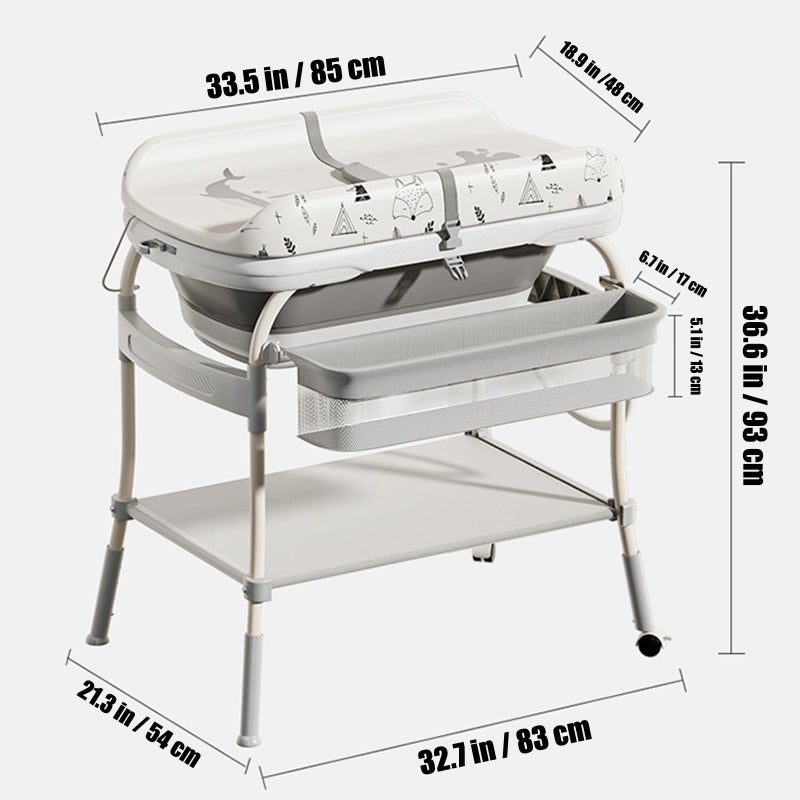 PandaEar 2-in-1 Baby Bathtub & Changing Table, Adjustable Height Folding Diaper Station Waterproof Pad with Storage Rack & Wheels, Baby Bath Tub with Thermometer - Image 5