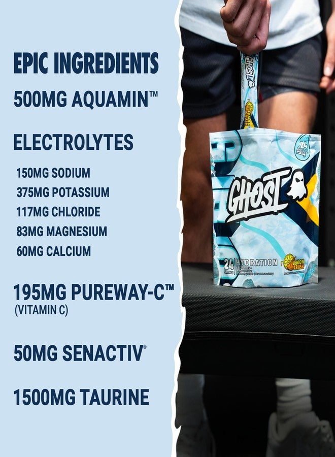 GHOST Hydration Packets, Lemon Crush, 24 Sticks, Electrolyte Powder - Drink Mix Supplement with Magnesium, Potassium, Calcium, Vitamin C - Vegan Friendly, Free of Soy, Sugar & Gluten - Image 3