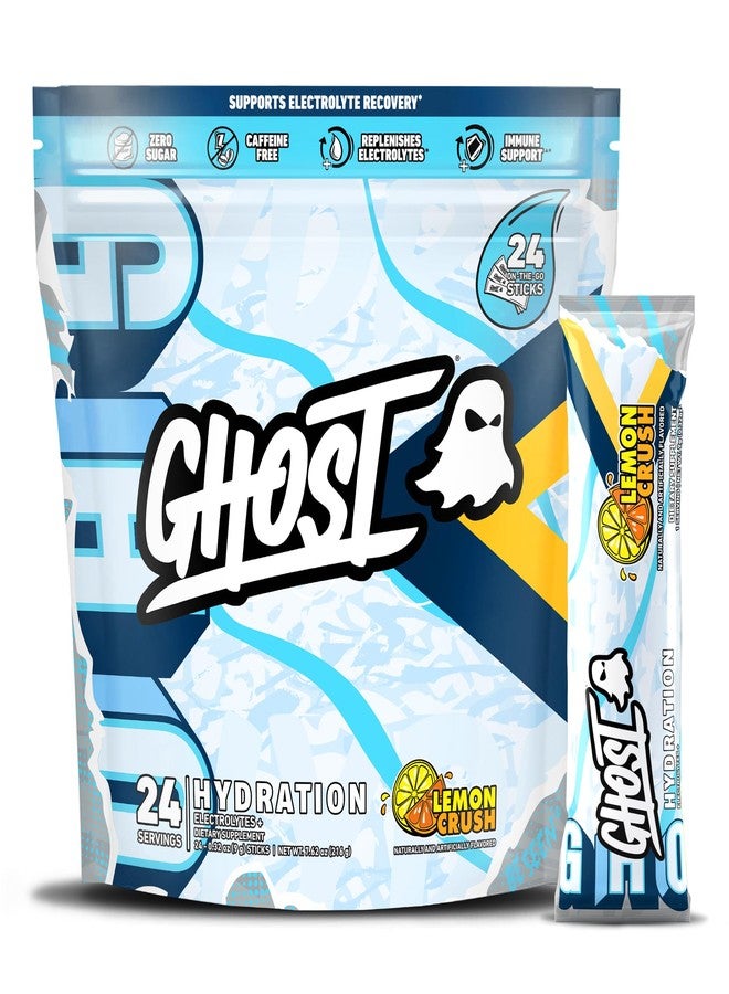 GHOST Hydration Packets, Lemon Crush, 24 Sticks, Electrolyte Powder - Drink Mix Supplement with Magnesium, Potassium, Calcium, Vitamin C - Vegan Friendly, Free of Soy, Sugar & Gluten - Image 1