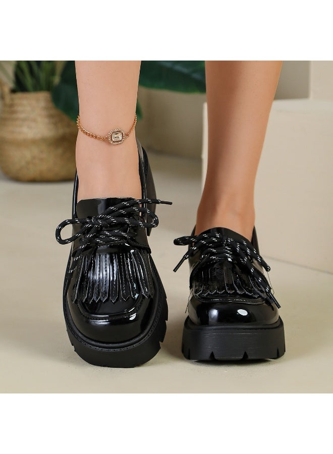 Women's Black Platform Patent Leather-Look Fringe Loafers - Image 2