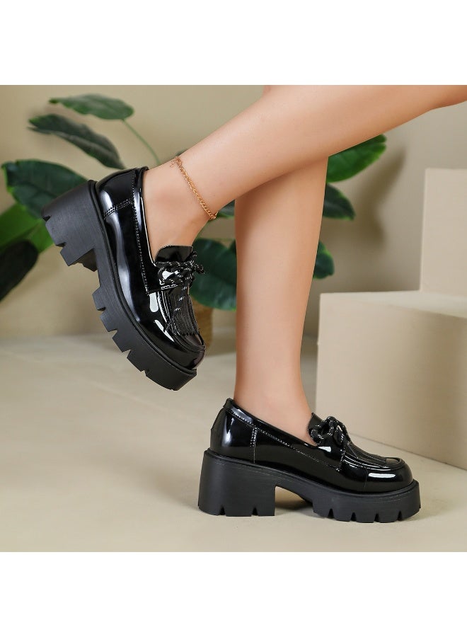 Women's Black Platform Patent Leather-Look Fringe Loafers - Image 4