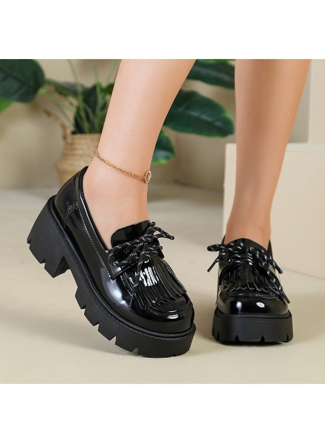 Women's Black Platform Patent Leather-Look Fringe Loafers - Image 5