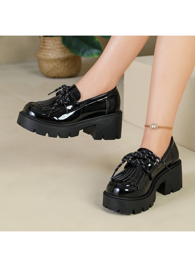 Women's Black Platform Patent Leather-Look Fringe Loafers - Image 1