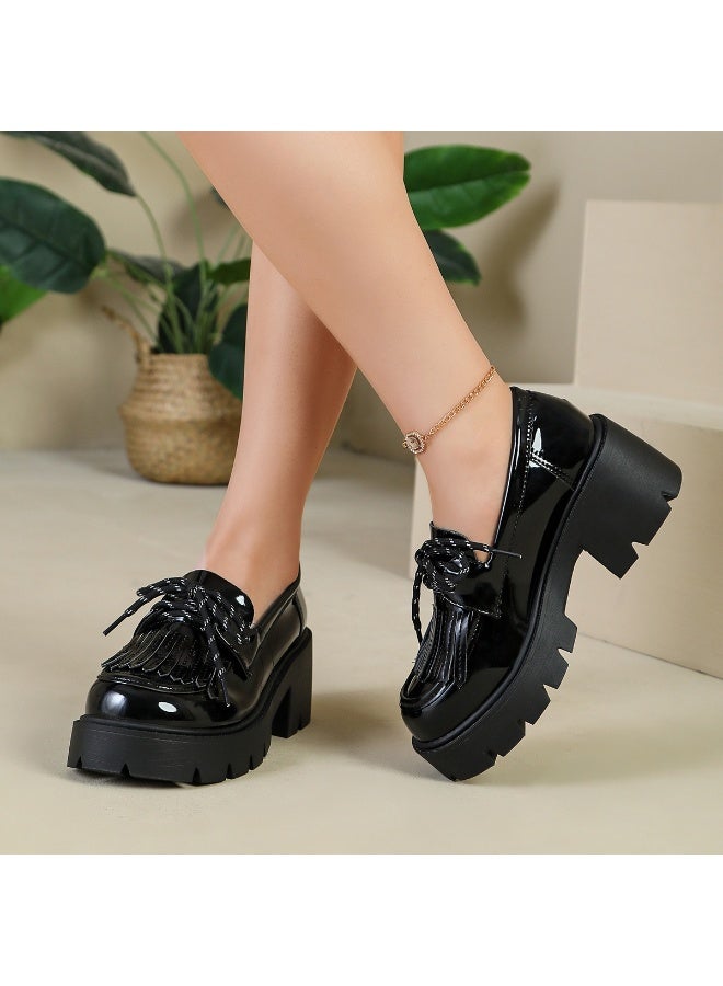 Women's Black Platform Patent Leather-Look Fringe Loafers - Image 3