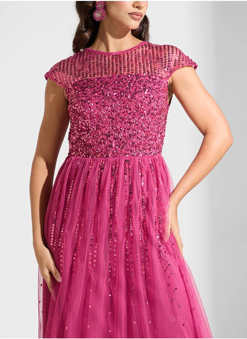 Maya Embellished Cape Sleeve Mesh Detail  Dress