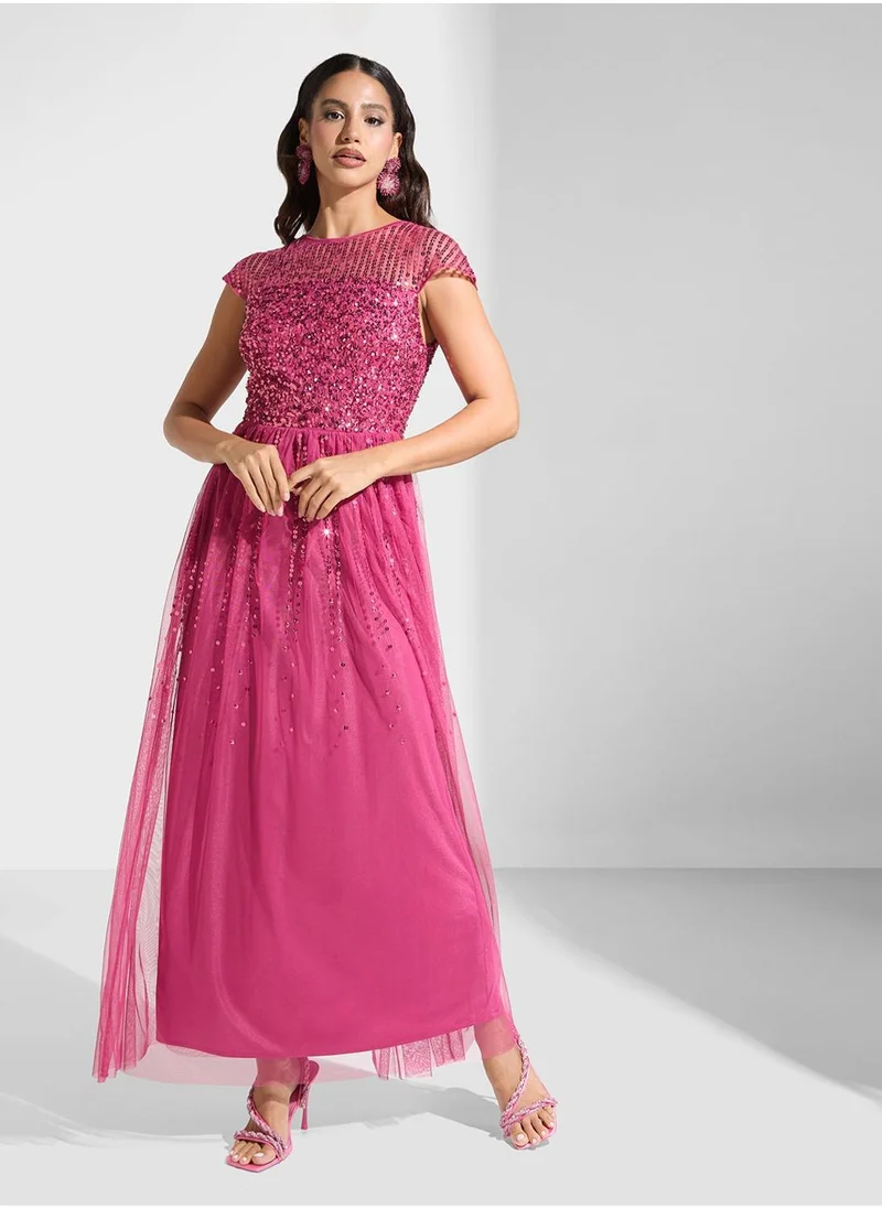 Maya Embellished Cape Sleeve Mesh Detail  Dress