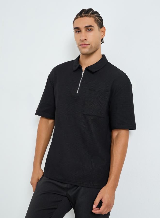 Styli Men Waffle Knit Quarter Zip Oversized Polo - Image 1