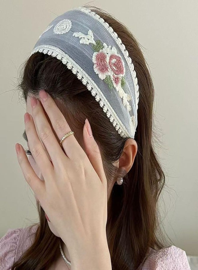 Jaczora أطواق شعر جاكزورا النسائية من الدانتيل الزهري، أطواق شعر شبكية عريضة مزينة بزهور مطرزة، عبوة من 3 قطع، أبيض - Image 4