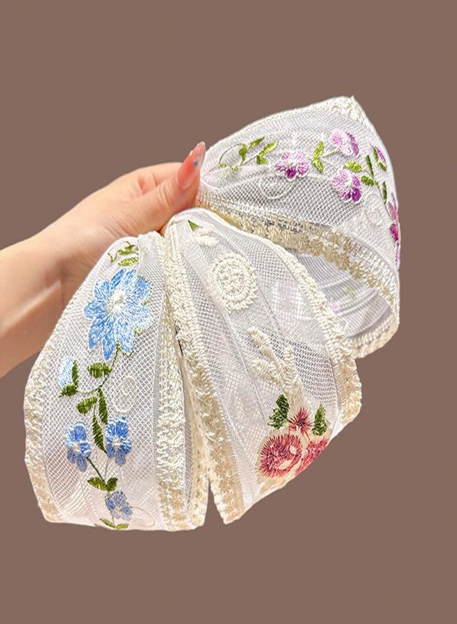 Jaczora أطواق شعر جاكزورا النسائية من الدانتيل الزهري، أطواق شعر شبكية عريضة مزينة بزهور مطرزة، عبوة من 3 قطع، أبيض - Image 5
