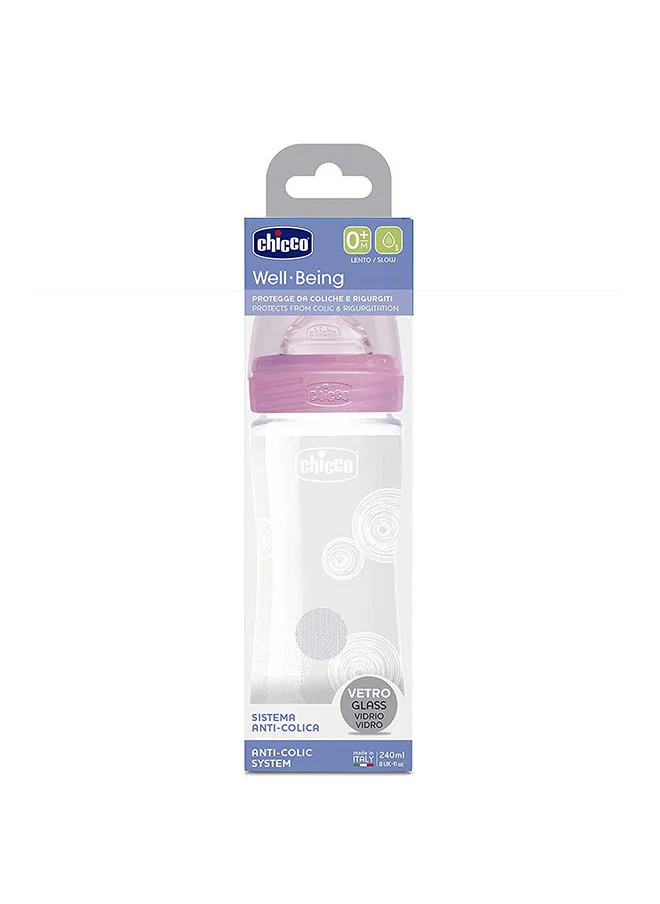 شيكو Well-Being Glass Bottle 240Ml Slow Flow 0M+ Silicone, Pink