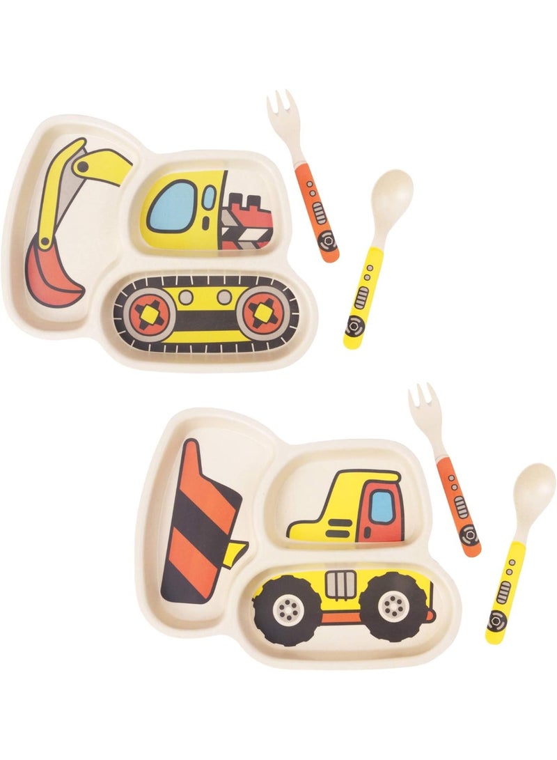 Lightening Toddler Plates Dinnerware Dinner Dish Set Baby Feeding Spill Proof Divided Plate - Baby Spoon and Fork 3-Piece Set Teaches Child Portion Control (excavator/bulldozer) - Image 2