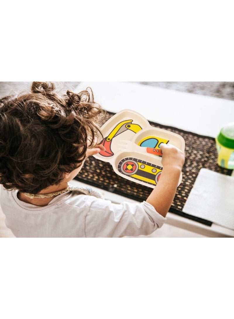 Lightening Toddler Plates Dinnerware Dinner Dish Set Baby Feeding Spill Proof Divided Plate - Baby Spoon and Fork 3-Piece Set Teaches Child Portion Control (excavator/bulldozer) - Image 1