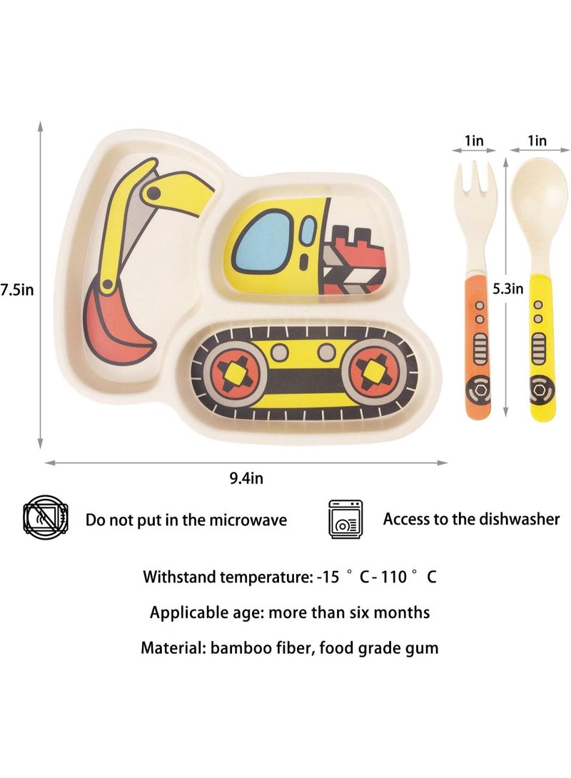 Lightening Toddler Plates Dinnerware Dinner Dish Set Baby Feeding Spill Proof Divided Plate - Baby Spoon and Fork 3-Piece Set Teaches Child Portion Control (excavator/bulldozer) - Image 3