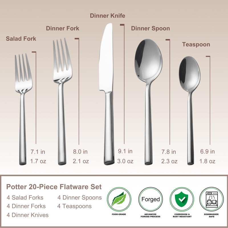 Alata Potter 20-Piece Forged Silverware Set Stainless Steel Flatware Set Cutlery Set,Service for 4,Mirror Finish,Dishwasher Safe - Image 5