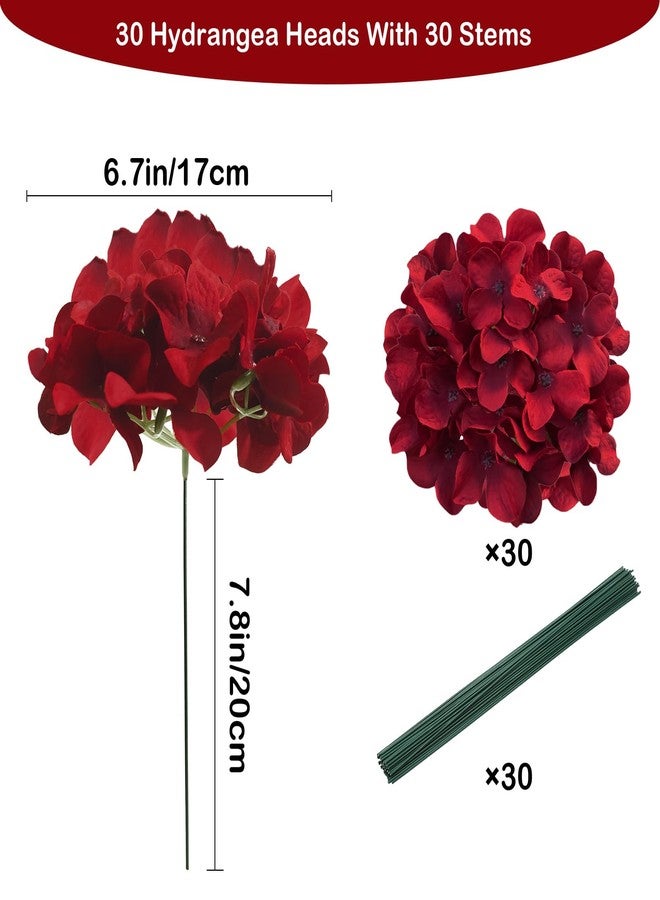Cherica Dark Red Hydrangea Artificial Flowers Bulk, 30 Pcs Faux Hydrangea Flowers Heads, Artificial Fake Silk Hydrangea Flowers with Stems, Red Flowers Artificial for Decoration Wedding Décor - Image 2