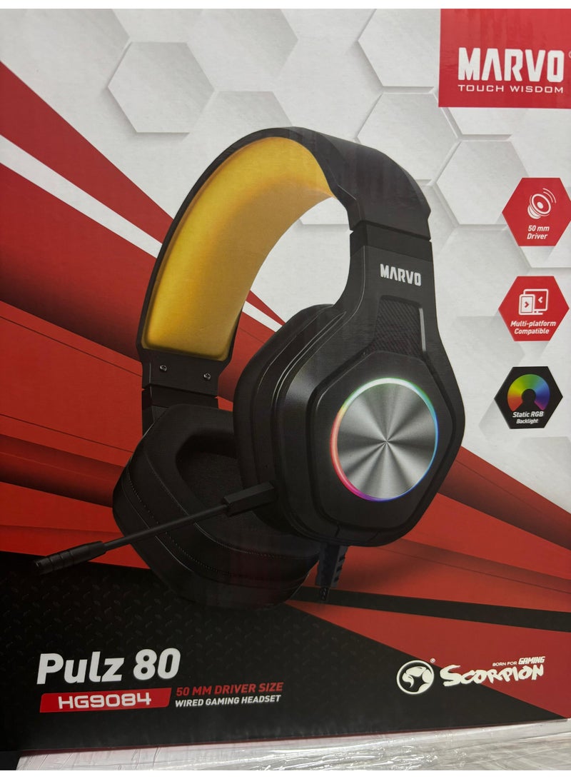 MARVO Pulz 80 HG9084 – Wired Gaming Headset – 50mm Driver – Static RGB – Multi-Platform – Black/Yellow - Image 1