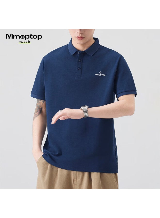 Mmoptop Father's Day Suoluna Antibacterial Ice Silk Polo Shirt, Summer Men's Business Xinjiang Cotton Short Sleeve Mp10 Navy Blue 3XL - Image 1