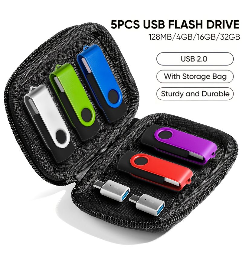 حزمة محرك أقراص فلاش USB مكونة من 5 قطع بسعة 32 جيجابايت USB 2.0 مع حقيبة تخزين وموصلين USB-C، عصي تخزين محمولة لنقل البيانات متوافقة مع هواتف Android التي تدعم OTG وأجهزة Mac وأجهزة الكمبيوتر المحمولة. - Image 1