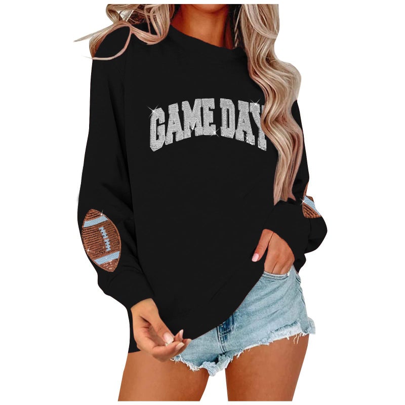 BEIDEFY Game Day Sweatshirt for Women Sequin Football Long Sleeve Shirt Crew Neck Sunday Funday Pullover Tops Black - Image 1